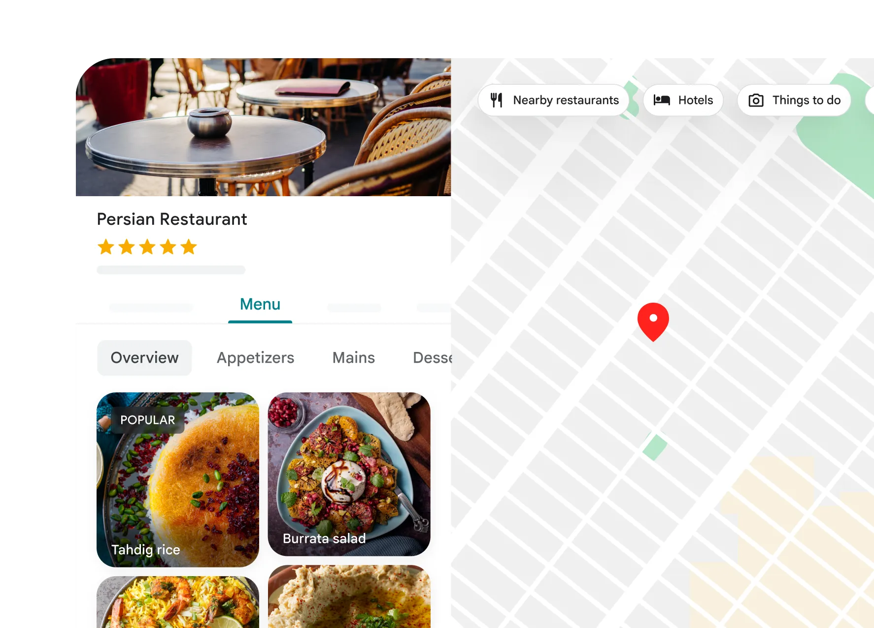 واجهة الملف التجاري المنشورة من Google: صور النشاط والتقييم والقائمة وموضعه على الخريطة