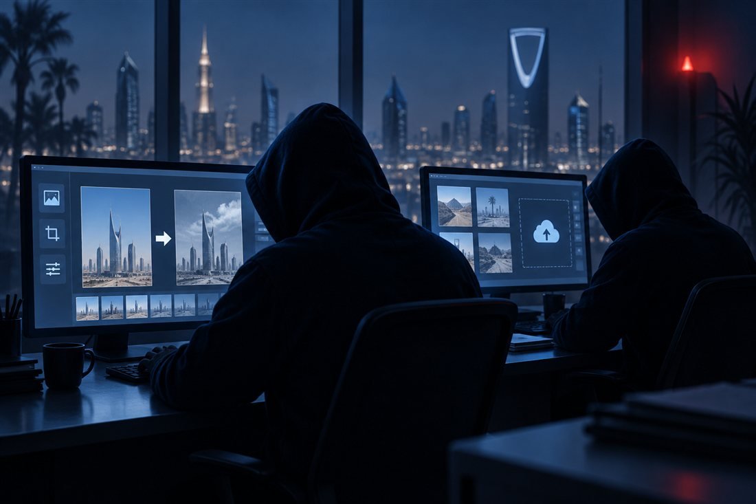 مشهد توضيحي لجهة رقمية مجهولة أمام شاشات تحاول نشر صور مضللة
